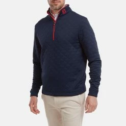 FootJoy Diamond Jacquard Chill-Out 1/4 Zip Golf Pullover -Putter Sales FootJoy SS22 Diamond Jacquard Chill Out 1 4 Zip Golf Sweater Navy Bright Red 88452 model 1