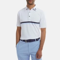 FootJoy Double Chest Band Pique Golf Polo Shirt -Putter Sales FootJoy SS22 Double Chest Band Pique Golf Polo Shirt White Navy Light Blue 88443 model 1