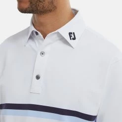 FootJoy Double Chest Band Pique Golf Polo Shirt -Putter Sales FootJoy SS22 Double Chest Band Pique Golf Polo Shirt White Navy Light Blue 88443 model 2