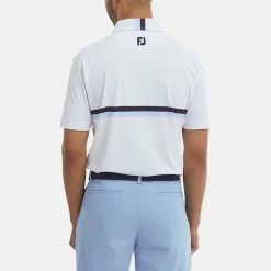 FootJoy Double Chest Band Pique Golf Polo Shirt -Putter Sales FootJoy SS22 Double Chest Band Pique Golf Polo Shirt White Navy Light Blue 88443 model 3