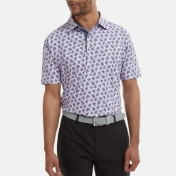 FootJoy Shadow Palm Print Pique Golf Polo Shirt -Putter Sales FootJoy SS22 Shadow Palm Print Pique Golf Polo Shirt Lavender Navy 88373 model 1