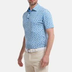 FootJoy Shadow Palm Print Pique Golf Polo Shirt -Putter Sales FootJoy SS22 Shadow Palm Print Pique Golf Polo Shirt Dove Grey Royal 88376 model 1